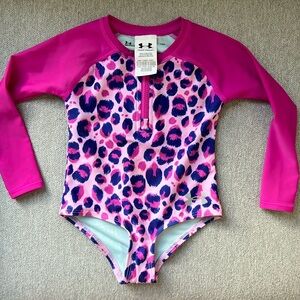 NWOT 12M Girls Under Armour UPF 50 Pink Leopard Print Long Sleeve Bathing Suit